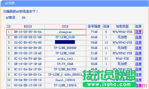 在掃描結果中，找到主路由器的無線信號，然后進行連接