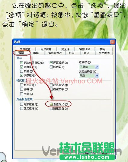 在彈出的窗口中，點擊&lsquo;選項&rsquo;，調(diào)出&lsquo;選項&rsquo;對話框，視圖中，勾選&lsquo;垂直標(biāo)尺&rsquo;，點擊確定退出。