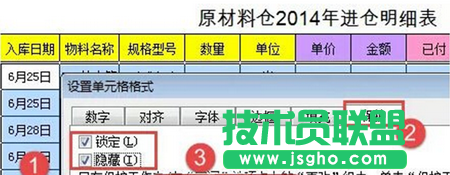 在【保護】選項卡下，勾選【鎖定】和【隱藏】復選框：