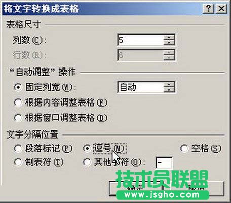 &ldquo;將文字轉(zhuǎn)換成表格&rdquo;對話框